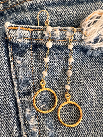 Harmony Hoop Earrings - Gold plated hammered hoops hang from a delicate string of wire wrapped white agate.